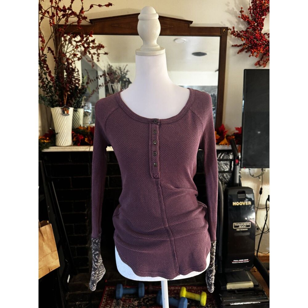 Free People Womens XS Plum Thermal Henley Top Contrast Knit Cuffs Long Sleeve